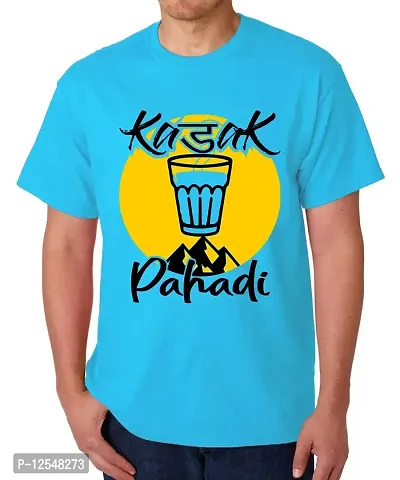 Caseria Men's Round Neck Cotton Half Sleeved T-Shirt with Printed Graphics - Kadak Pahadi (Sky Blue, SM)