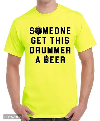 Caseria Men's Round Neck Cotton Half Sleeved T-Shirt with Printed Graphics - Someone Get This Drummer (Lemon Yellow, SM)