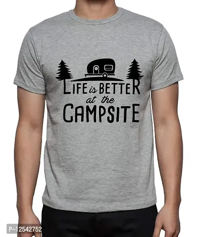 Caseria Men's Round Neck Cotton Half Sleeved T-Shirt with Printed Graphics - Better at The Campsite (Grey, XXL)