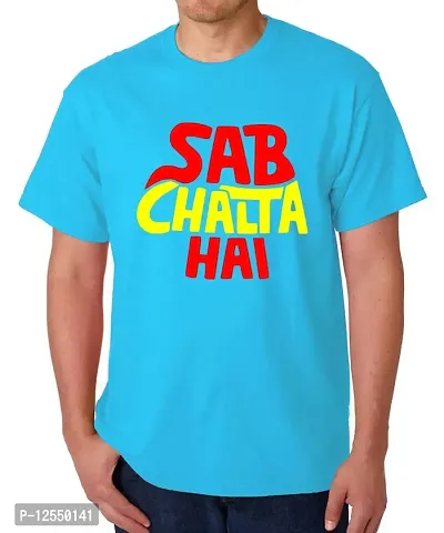 Caseria Men's Round Neck Cotton Half Sleeved T-Shirt with Printed Graphics - Sab Chalta Hai (Sky Blue, XXL)