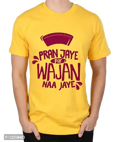 Caseria Men's Round Neck Cotton Half Sleeved T-Shirt with Printed Graphics - Pran Jaye Wajan Najaye (Yellow, MD)-thumb0