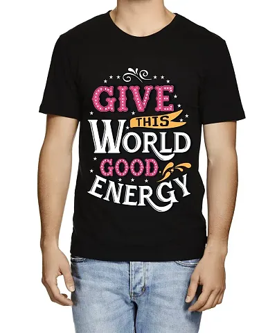 Caseria Men's Round Neck Half Sleeved T-Shirt with Graphics - Give World Good (Black, L)