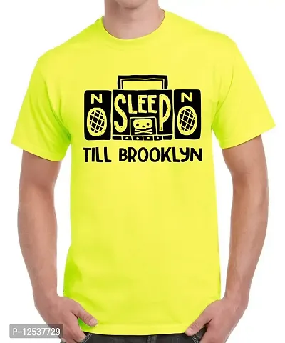 Caseria Men's Round Neck Cotton Half Sleeved T-Shirt with Printed Graphics - Sleep Till Brooklyn (Lemon Yellow, SM)