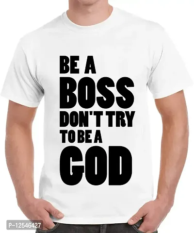 Caseria Men's Round Neck Cotton Half Sleeved T-Shirt with Printed Graphics - Be Boss God (White, L)-thumb0