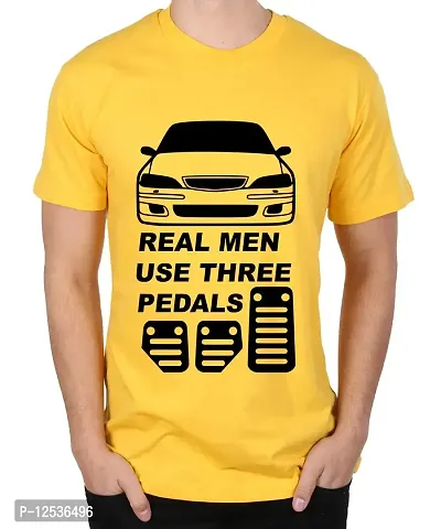 Caseria Men's Round Neck Cotton Half Sleeved T-Shirt with Printed Graphics - Real Men Three Pedals (Yellow, XL)
