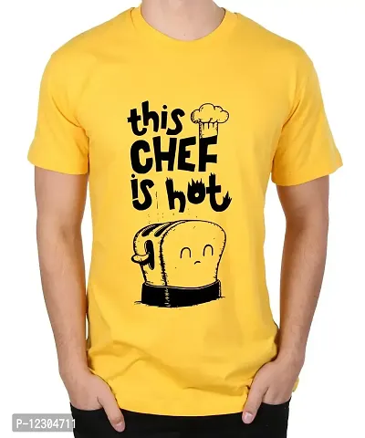 Caseria Men's Round Neck Cotton Half Sleeved T-Shirt with Printed Graphics - This Chef is Hot (Yellow, XXL)