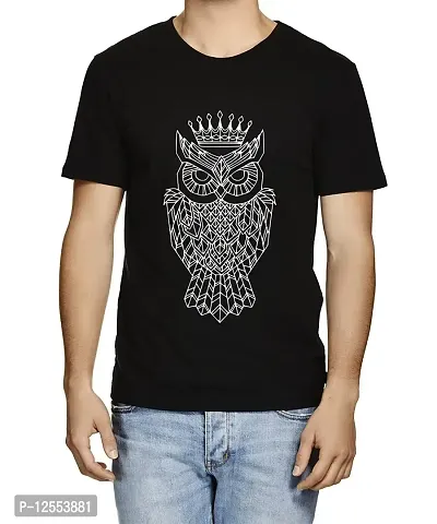 Caseria Men's Round Neck Cotton Half Sleeved T-Shirt with Printed Graphics - Line Owl (Black, L)-thumb0