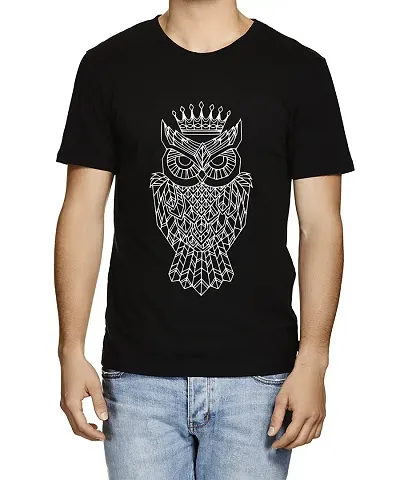 Caseria Men's Round Neck Half Sleeved T-Shirt with Graphics - Line Owl (Black, L)