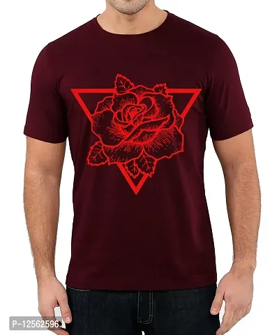 Caseria Men's Round Neck Cotton Half Sleeved T-Shirt with Printed Graphics - Rose Triangle (Maroon, L)-thumb0