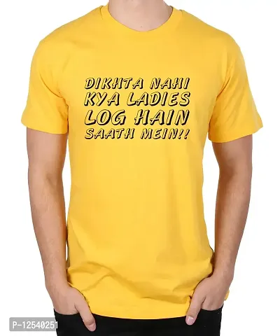 Caseria Men's Round Neck Cotton Half Sleeved T-Shirt with Printed Graphics - Ladies Log Hain (Lemon Yellow, MD)