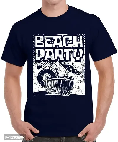 Caseria Men's Round Neck Cotton Half Sleeved T-Shirt with Printed Graphics - Beach Party (Navy Blue, SM)-thumb0