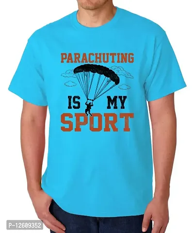 Caseria Men's Round Neck Cotton Half Sleeved T-Shirt with Printed Graphics - Sport Parachuting (Sky Blue, L)