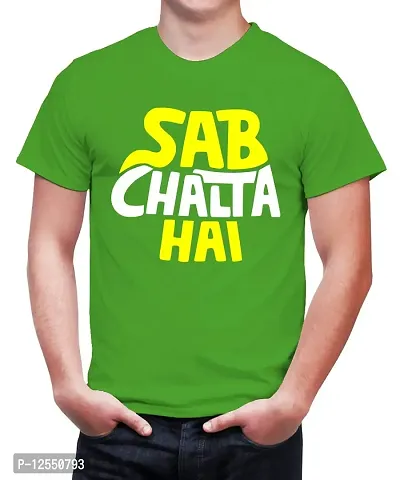 Caseria Men's Round Neck Cotton Half Sleeved T-Shirt with Printed Graphics - Sab Chalta Hai (Parrot Green, SM)