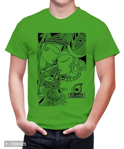 Caseria Men's Round Neck Cotton Half Sleeved T-Shirt with Printed Graphics - Radha Krishna (Parrot Green, L)