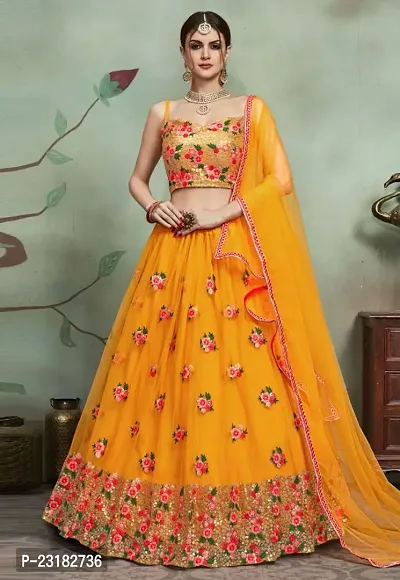 Designer Yellow color net material lahengha with dupatta set-thumb0