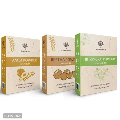 khadihub Premium Amla, Reetha, Bhirngraj powder for hair care , 100 gm each ( combo pack of 3)