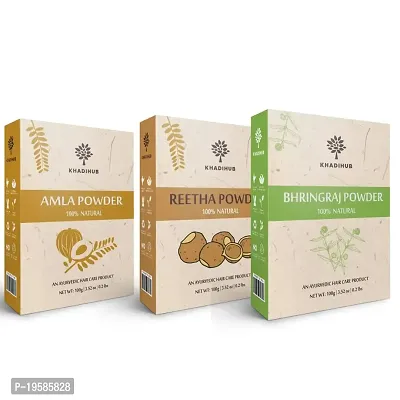 khadihub Premium Amla, Reetha, Bhirngraj powder for hair care , 100 gm each ( combo pack of 3)-thumb0