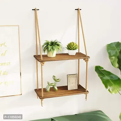 SHREE HANS FASHION Home & Kitchen Studio Real Pine Wood Floating Shelves, Hanging Swing Rope Shelves, Rustic Wall Decor Swing Shelf, Wall Shelves for Living Room Home Office Decor (15x5 Inch, 2 Tier)-thumb5