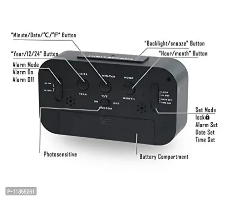 Dbell Digital Smart Back-Light Battery Operated Alarm Table Clock With Automatic Sensor Date & Temperature (Black,Plastic, 15Wx51Lx20H Inches)-thumb5