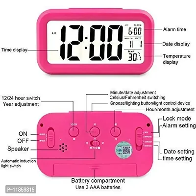 SHREE HANS FASHION Home  Kitchen Studio | Digital Smart Backlight Battery Operated Alarm Table Clock with Automatic Sensor | Date  Temperature (Pink)-thumb3