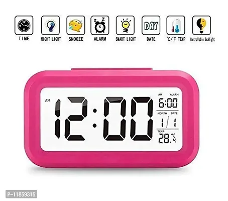 SHREE HANS FASHION Home  Kitchen Studio | Digital Smart Backlight Battery Operated Alarm Table Clock with Automatic Sensor | Date  Temperature (Pink)-thumb2