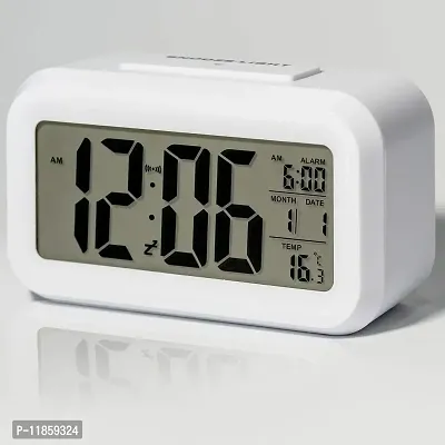SHREE HANS FASHION Home & Kitchen Studio | Digital Smart Backlight Battery Operated Alarm Table Clock with Automatic Sensor | Date & Temperature (White)-thumb0