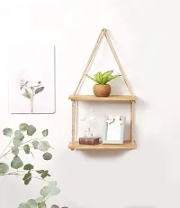 SHREE HANS FASHION Home & Kitchen Studio Real Pine Wood Floating Shelves, Hanging Swing Rope Shelves, Rustic Wall Decor Swing Shelf, Wall Shelves for Living Room Home Office Decor (15x5 Inch, 2 Tier)-thumb1