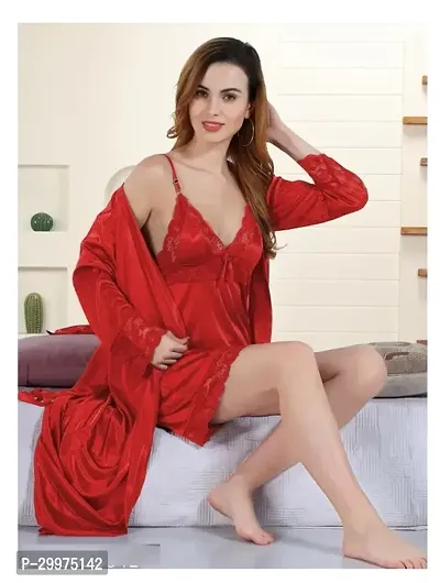 Women's Satin Solid Knee Length Nightwear Set-thumb3