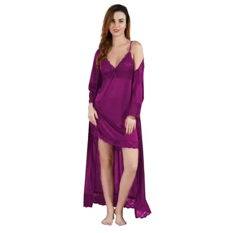 Classic Satin Solid Nightdress for Women with Rope