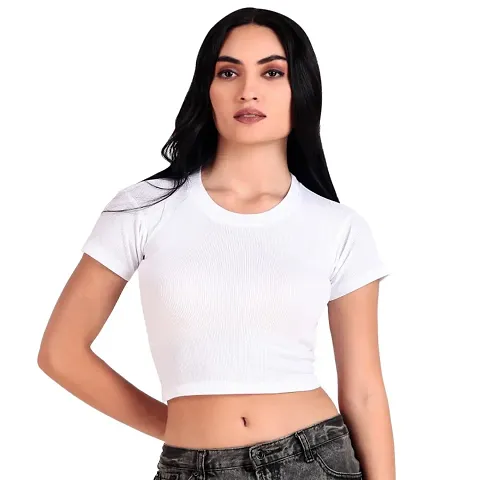 Ribbed Crew Neck Blend Women Crop Top