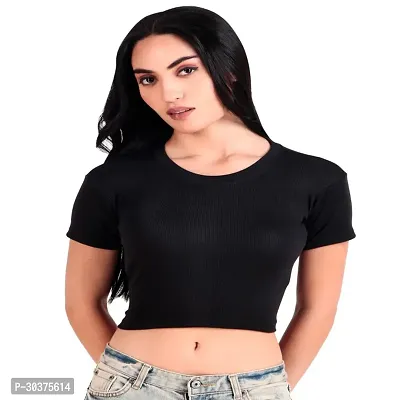 Ribbed Crew Neck Cotton Blend Women Crop Top-thumb0