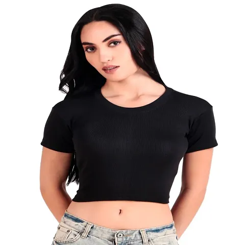 Ribbed Crew Neck Blend Women Crop Top