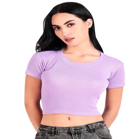 Ribbed Crew Neck Blend Women Crop Top