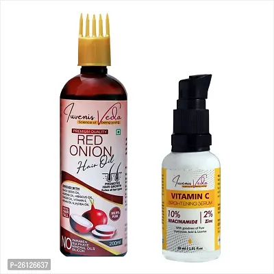 Iuvenis Veda Onion Hair Oil Along with Vitamin C Face Serum | Hair Growth and Face Brightening Combo