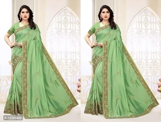 Stylish Silk Blend Green Self Pattern Saree with Blouse piece- 2 Pieces-thumb0