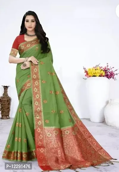 Stylish Silk Blend Green Self Pattern Saree with Blouse piece-thumb0