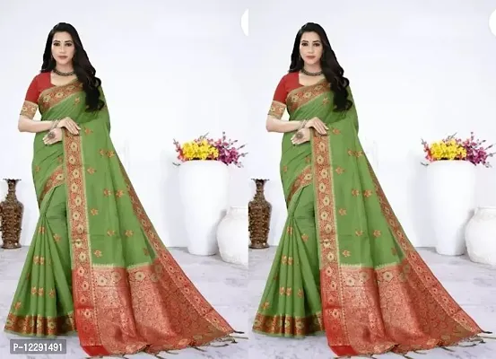 Stylish Silk Blend Green Self Pattern Saree with Blouse piece- 2 Pieces-thumb0