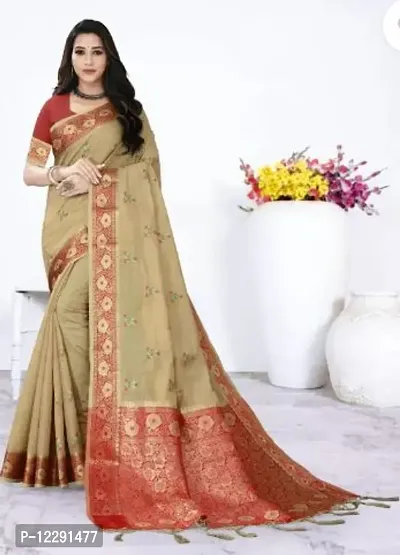 Stylish Silk Blend Beige Self Pattern Saree with Blouse piece