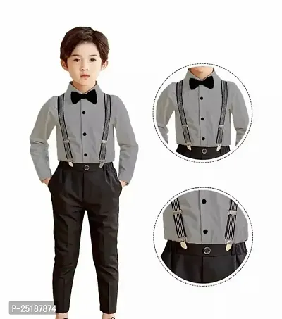 Elegant Grey Cotton Blend Shirt Pant with Bow Tie And Suspender Set For Boys-thumb0