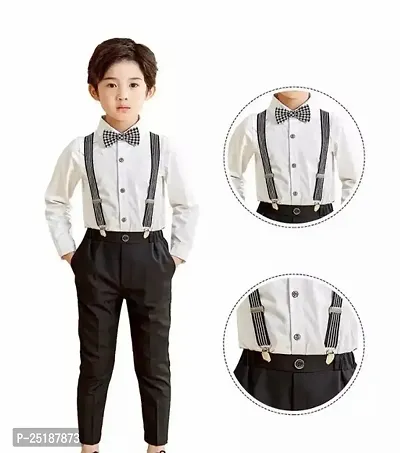 Elegant White Cotton Blend Shirt Pant with Bow Tie And Suspender Set For Boys-thumb0