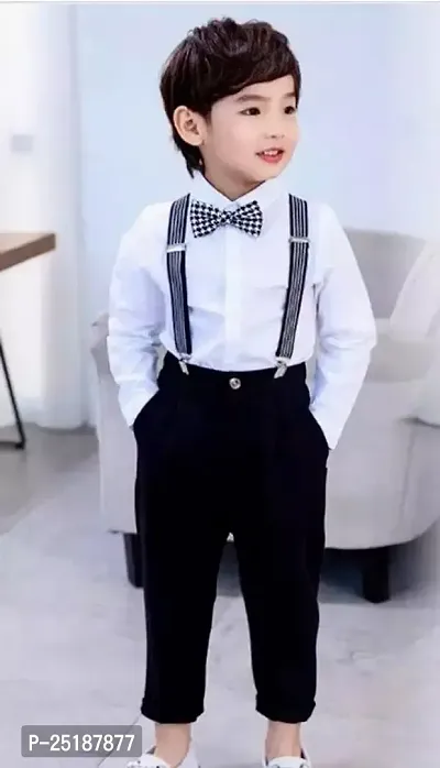 Elegant White Cotton Shirt Pant with Bow Tie And Suspender Set For Boys-thumb0