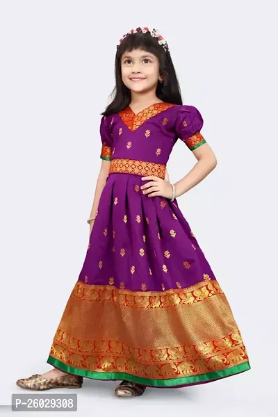 Girl's Banarasi Silk Model Maxi Long Dress for Girls Traditional Full Length Anarkali Long Frock for Kids Fullstitched Gown