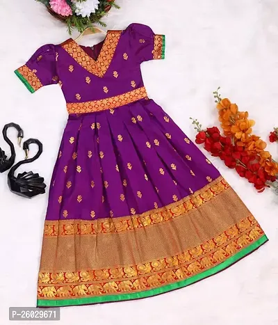 Girl's Banarasi Silk Model Maxi Long Dress for Girls Traditional Full Length Anarkali Long Frock for Kids Fullstitched Gown-thumb0