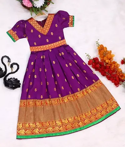 Girl's Banarasi Silk Model Maxi Long Dress for Girls Traditional Full Length Anarkali Long Frock for Kids Fullstitched Gown