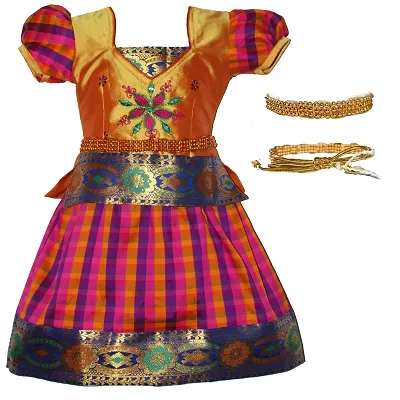 Alluring Golden Cotton Lehenga Choli With Waist Belt And Accessories For Girls