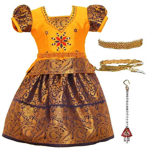 Alluring Cotton Silk Lehenga Choli With Waist Belt And Accessories For Girls