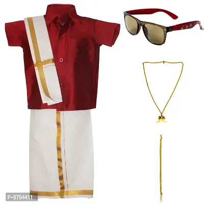 Stylish Maroon Art Silk Solid Shirt With Dhoti And Accessories For Boys-thumb0