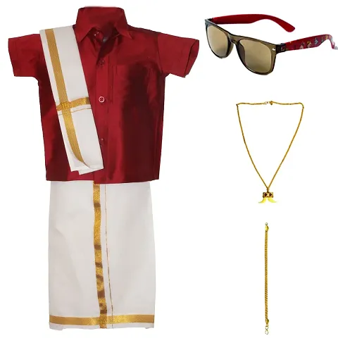 Stylish Art Silk Solid Shirt With Dhoti And Accessories For Boys