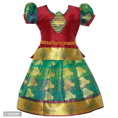 Alluring Green Cotton Silk Lehenga Choli With Waist Belt And Accessories For Girls