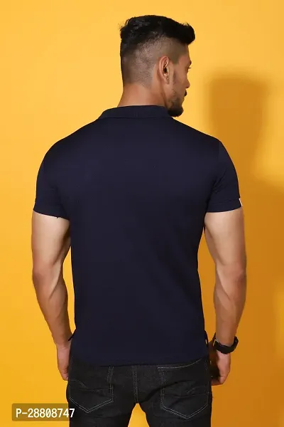 Stylish Dark Blue Cotton Blend Solid Polos For Men-thumb2